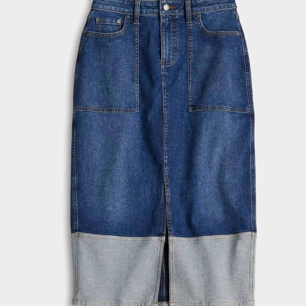 Trendy Two-Tone Denim Midi Skirt With Front Slit